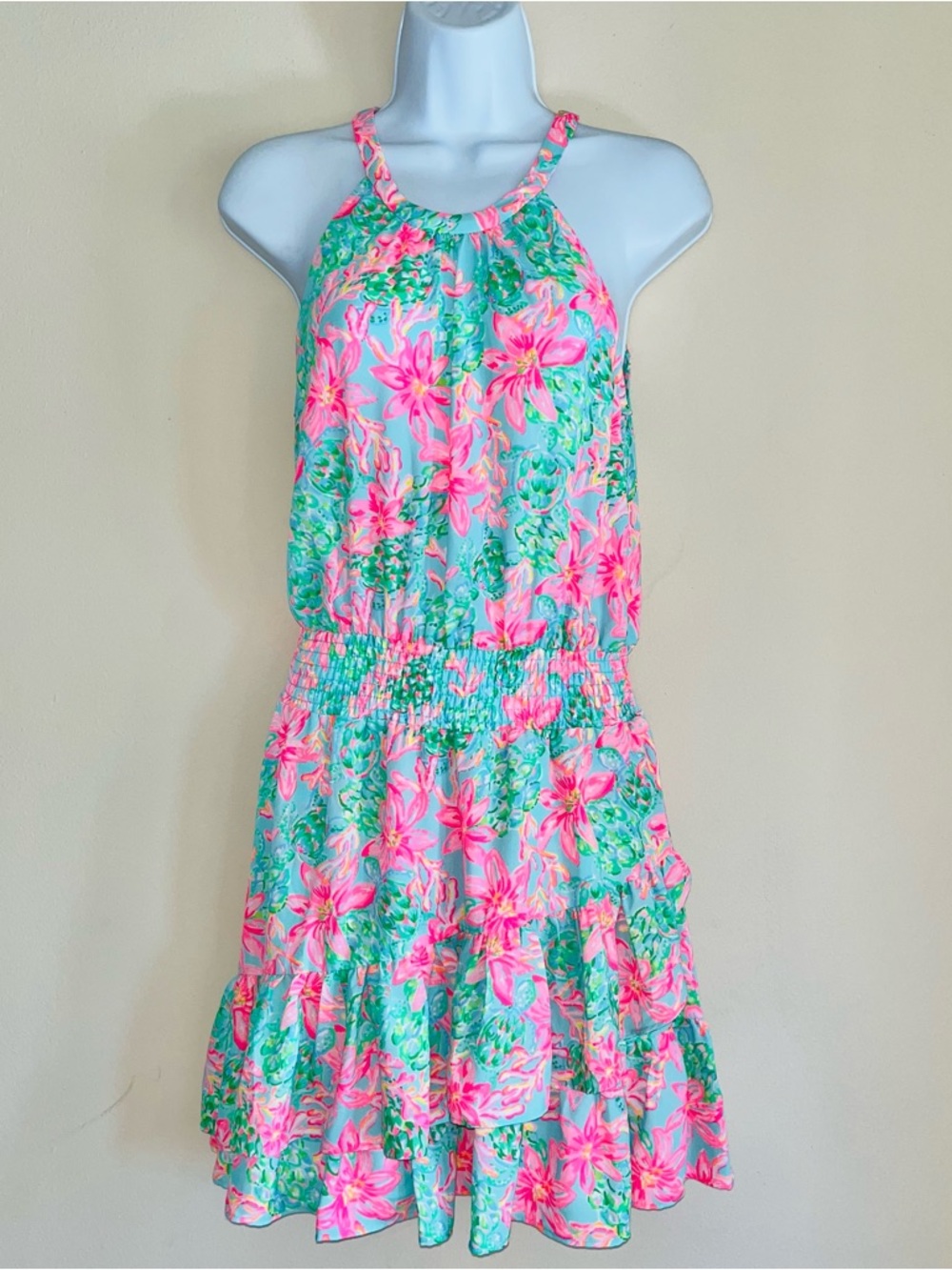 Lilly Pulitzer Pamelyn Ruffle Halter Dress Surf Blue So Shellegant EC Pk/Bl SZ 4